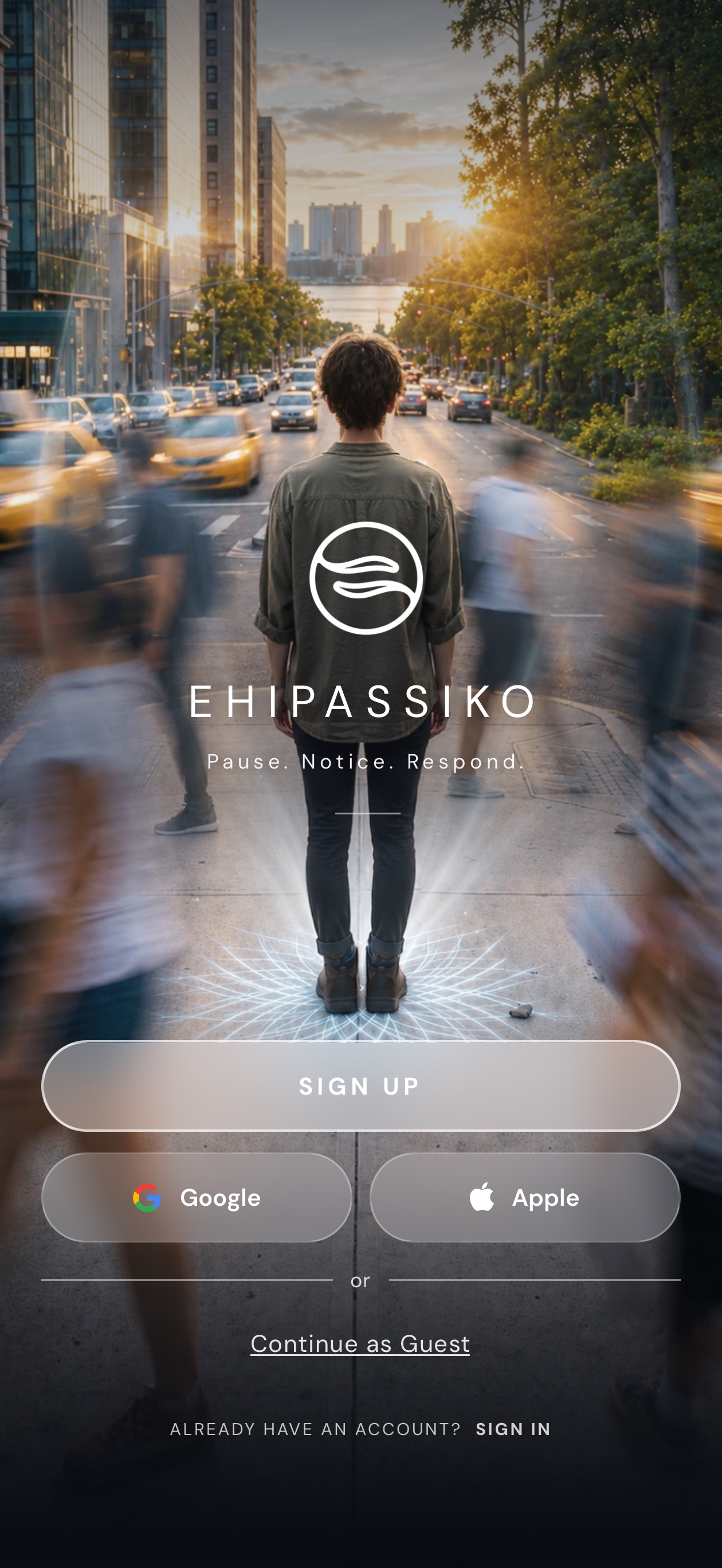 Ehipassiko app welcome screen